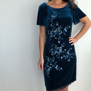 NEW WHBM blue embroidered velvet shift dress S